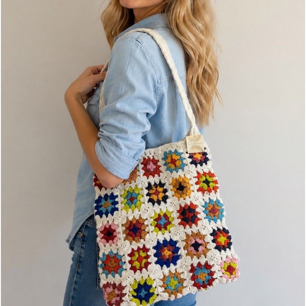 Altar’d State Crochet Granny Square Tote Bag Multicolor NWT Lined Boho Purse